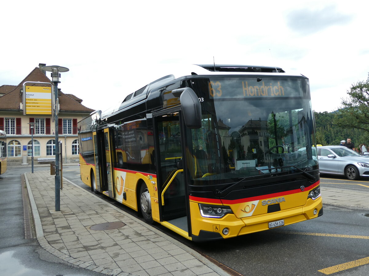 (238'550) - PostAuto Nordschweiz - AG 456'126 - Scania am 29. Juli 2022 beim Bahnhof Spiez