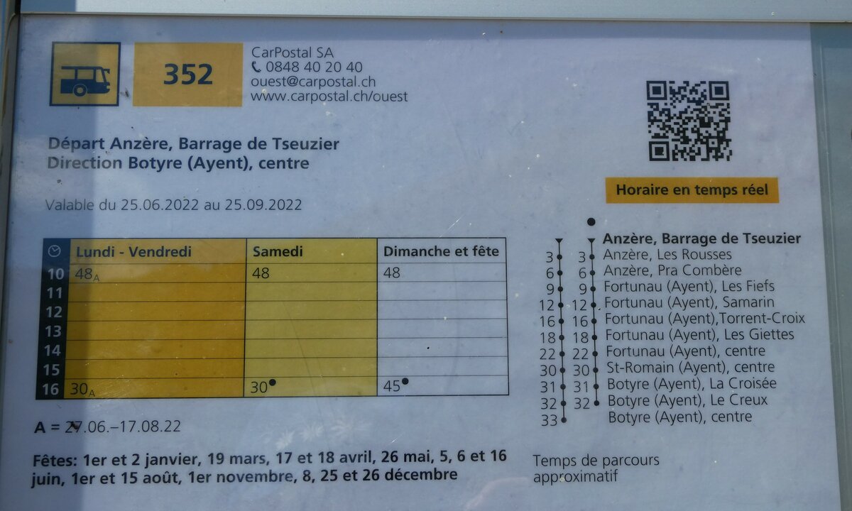 (238'681) - PostAuto-Fahrplan ab Barrage de Tseuzier nach Botyre am 31. Juli 2022 in Anzre, Barrage de Tseuzier