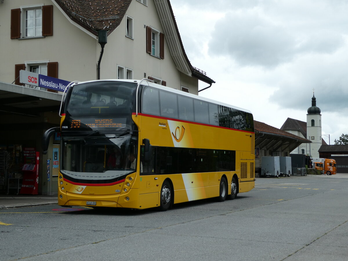 (239'253) - PostAuto Ostschweiz - SG 445'309 - Alexander Dennis (ex CarPostal Ouest; ex PostAuto Ostschweiz SG 445'309) am 20. August 2022 beim Bahnhof Nesslau-Neu St. Johann