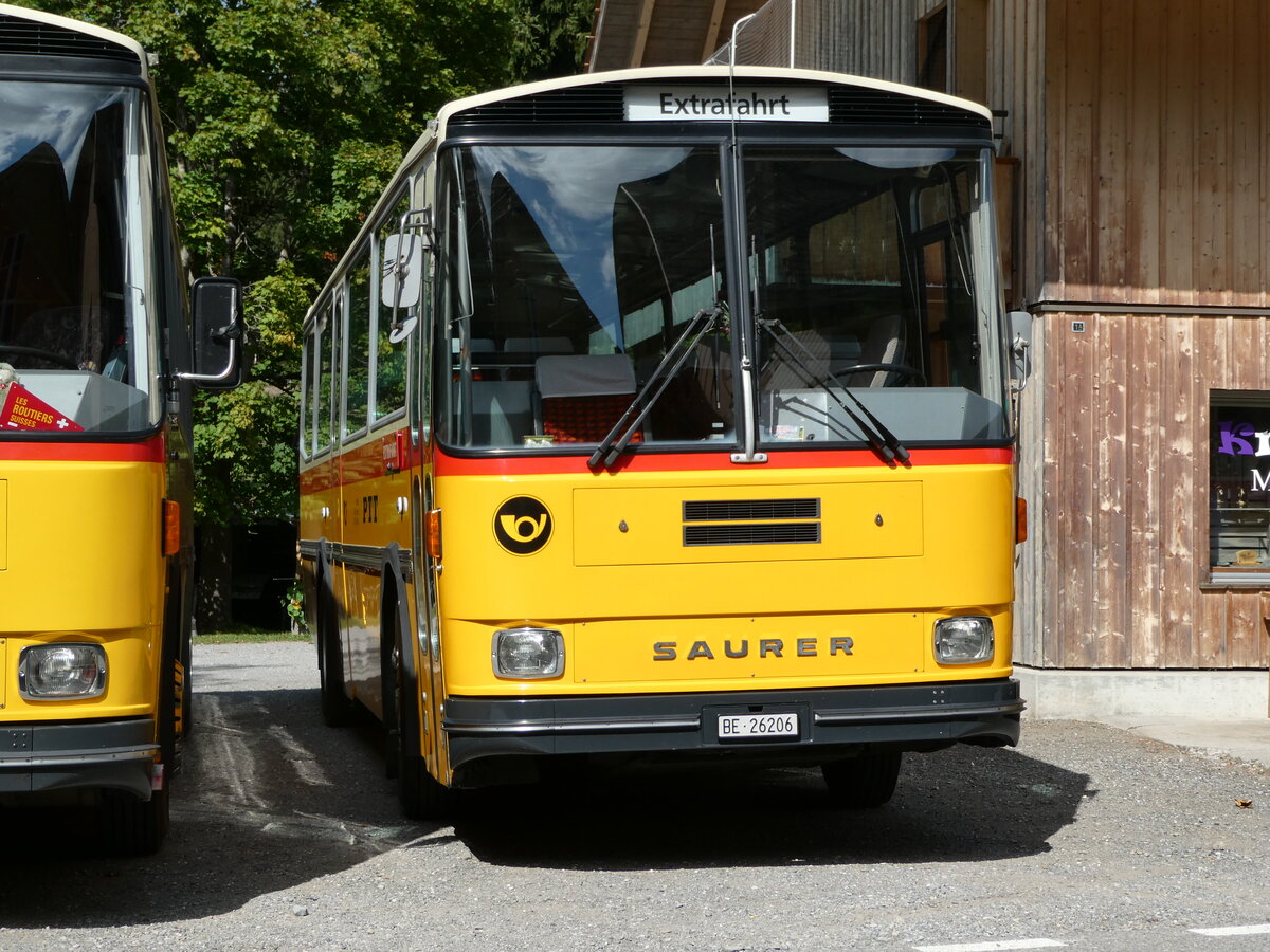 (239'873) - Schmid, Thrishaus - BE 26'206 - Saurer/Tscher (ex P 24'244) am 28. August 2022 in Schwarzenegg, Restaurant Kreuz