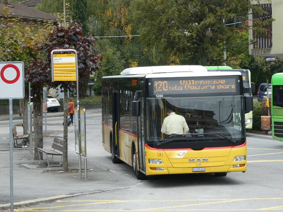 (240'686) - MOB Montreux - Nr. 22/VS 205'620 - MAN (ex TPC Aigle Nr. CP14) am 8. Oktober 2022 beim Bahnhof Monthey CFF