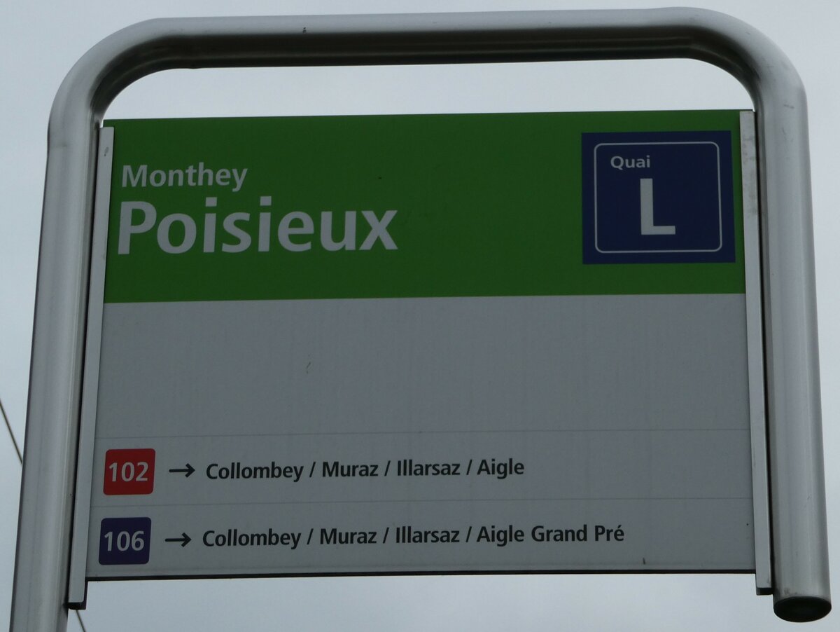 (243'448) - tpc-Haltestellenschild - Monthey, Poisieux - am 3. Dezember 2022