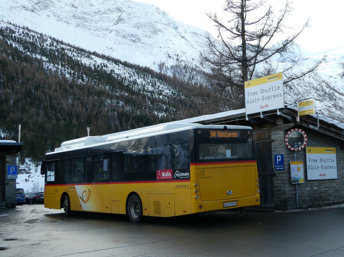 (244'342) - PostAuto Wallis - VS 477'211/PID 10'839 - Ebusco am 1. Januar 2023 in Saas-Fee, Parkhaus