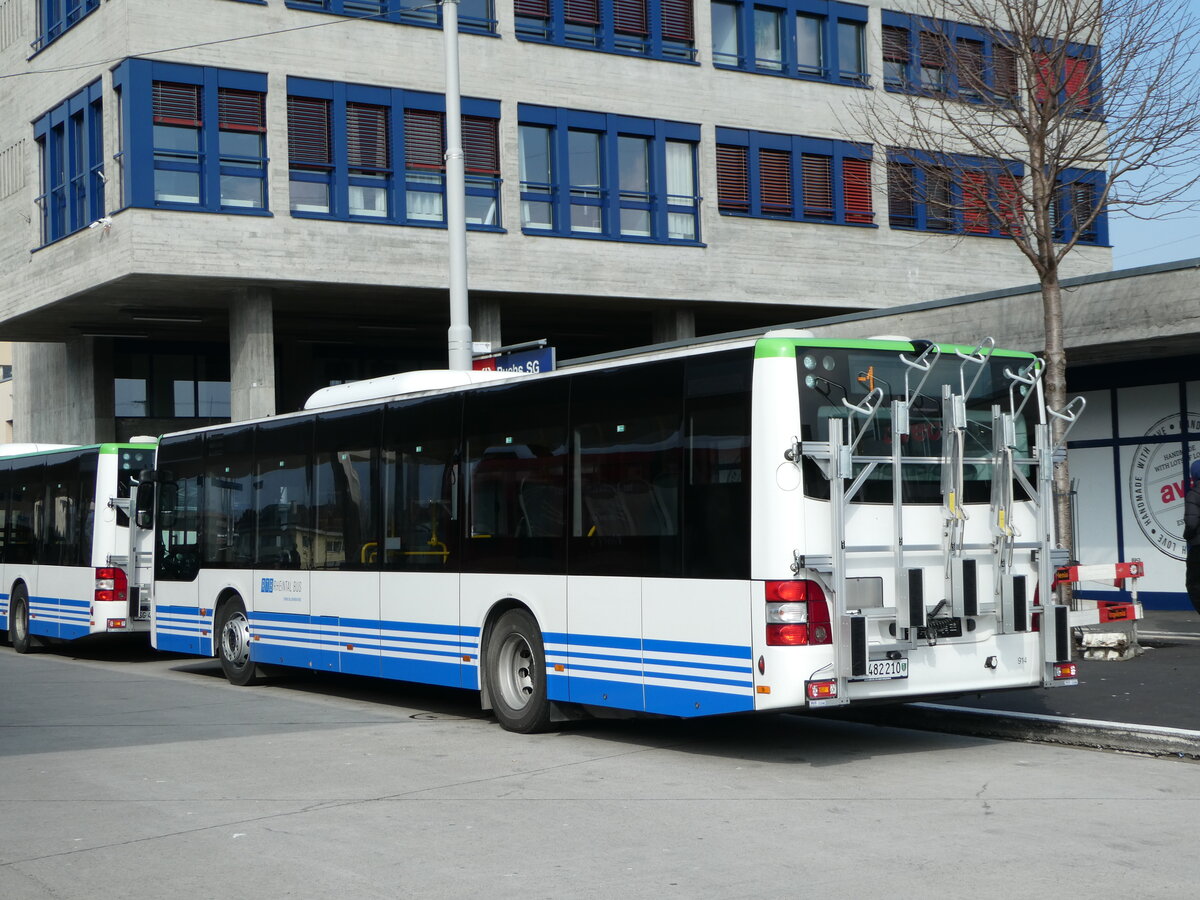 (246'866) - RTB Altstätten - Nr. 914/SG 482'210 - MAN (ex PostBus/A BD 15'358) am 4. März 2023 beim Bahnhof Buchs