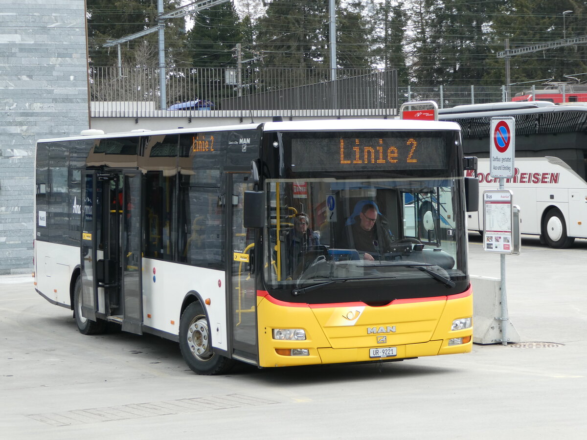 (246'947) - Mattli, Wassen - UR 9221/PID 4703 - MAN/Göppel (ex Lengacher, Wichtrach Nr. 6) am 7. März 2023 in Andermatt, Bahnhofplatz