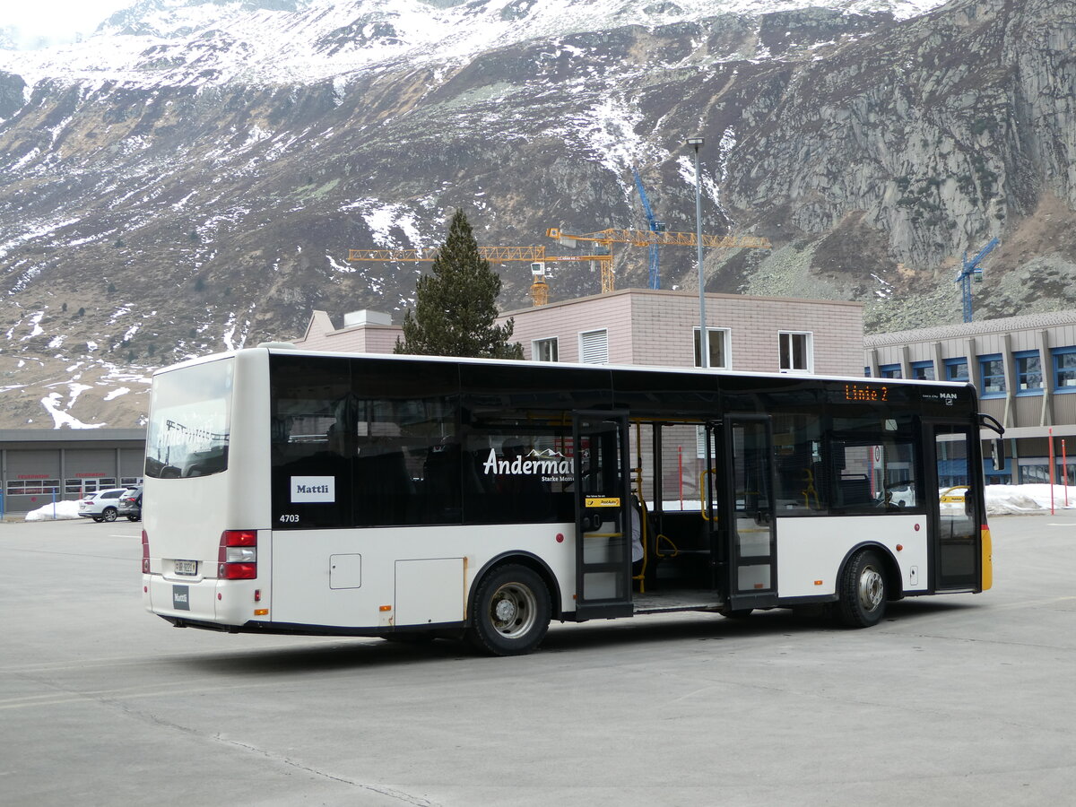 (246'949) - Mattli, Wassen - UR 9221/PID 4703 - MAN/Göppel (ex Lengacher, Wichtrach Nr. 6) am 7. März 2023 in Andermatt, Bahnhofplatz