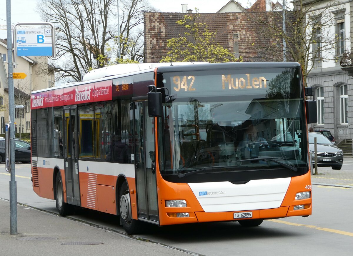 (248'509) - BOTG Amriswil - Nr. 405/TG 62'895 - MAN (ex Nr. 5) am 13. April 2023 beim Bahnhof Amriswil