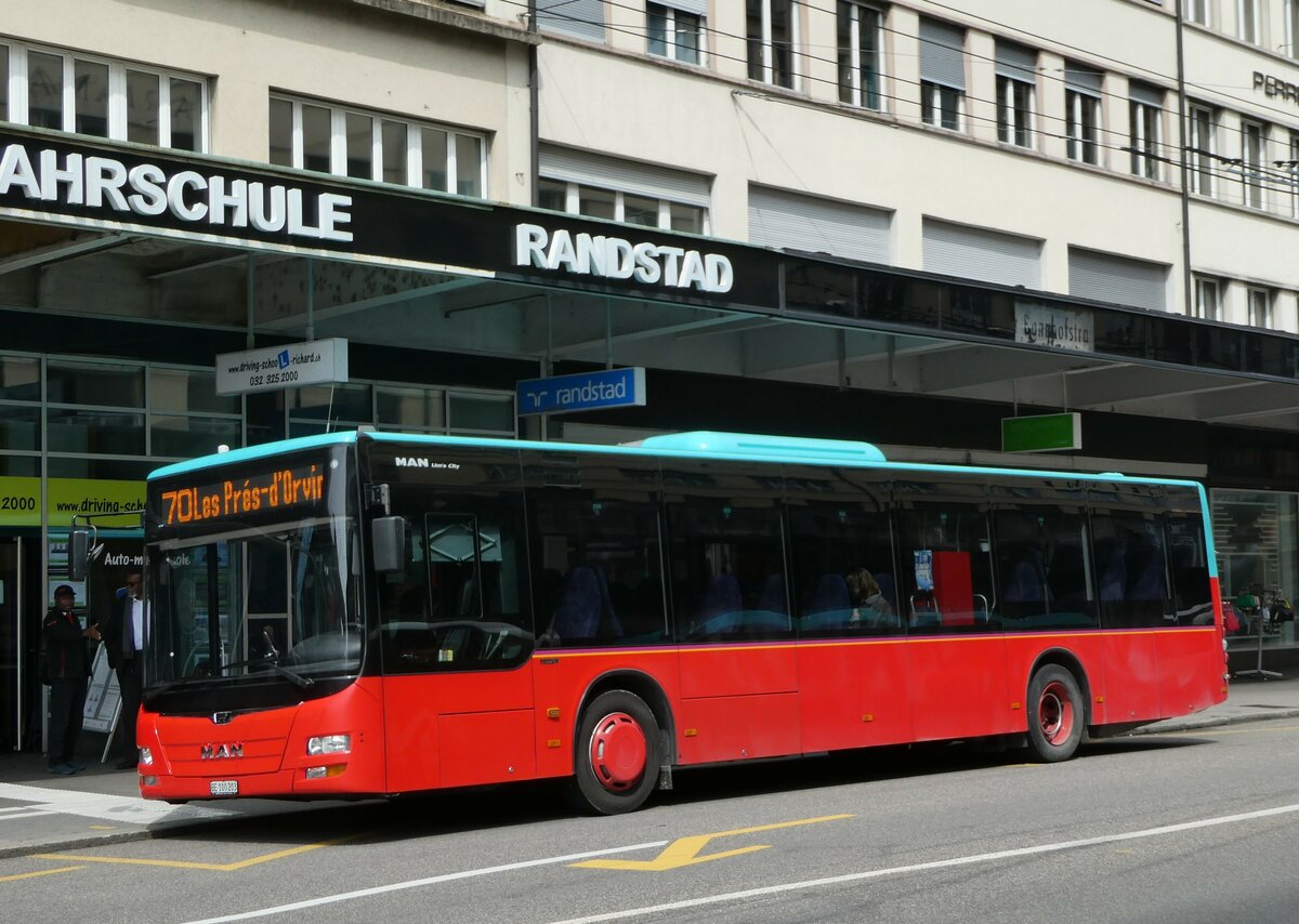 (249'028) - Funi-Car, Biel - Nr. 3/BE 100'203 - MAN am 22. April 2023 beim Bahnhof Biel