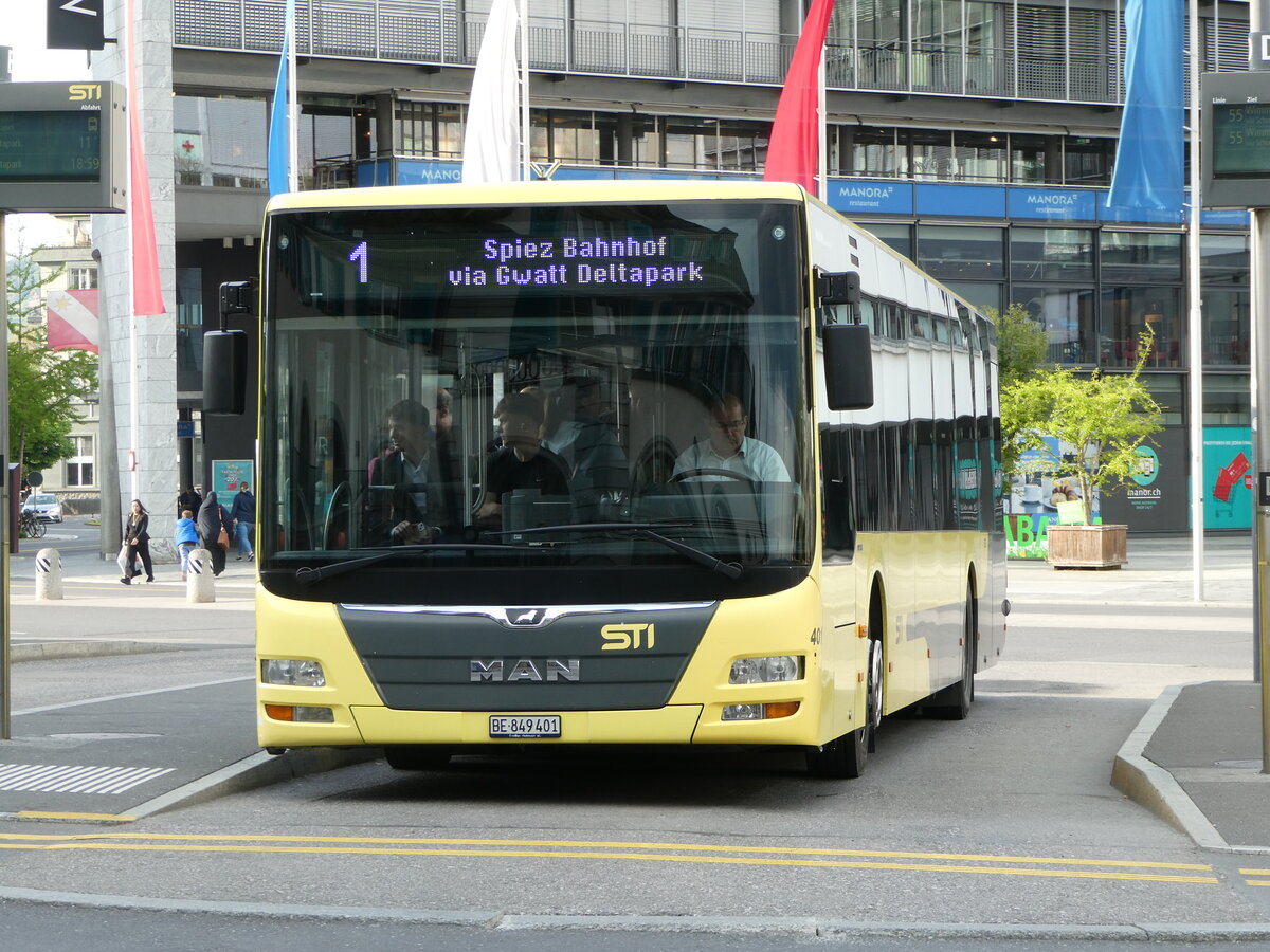 (249'692) - STI Thun - Nr. 401/BE 849'401 - MAN am 5. Mai 2023 beim Bahnhof Thun