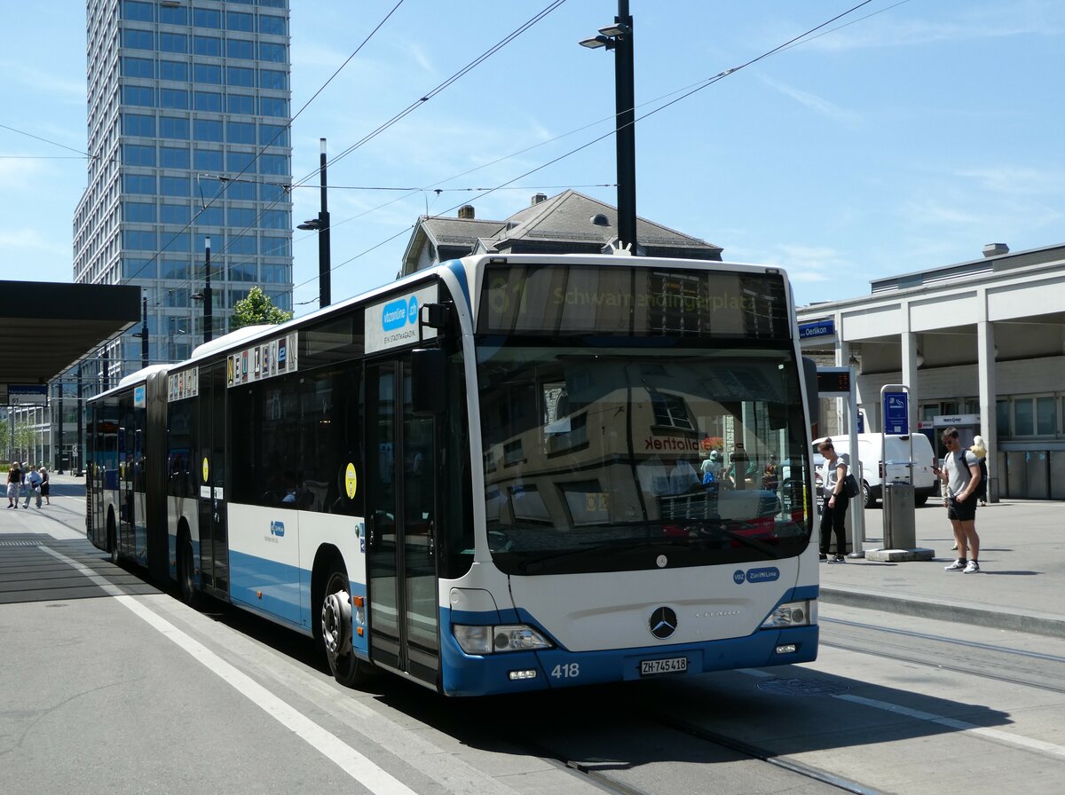 (251'471) - VBZ Zrich - Nr. 418/ZH 745'418 - Mercedes am 13. Juni 2023 beim Bahnhof Zrich Oerlikon