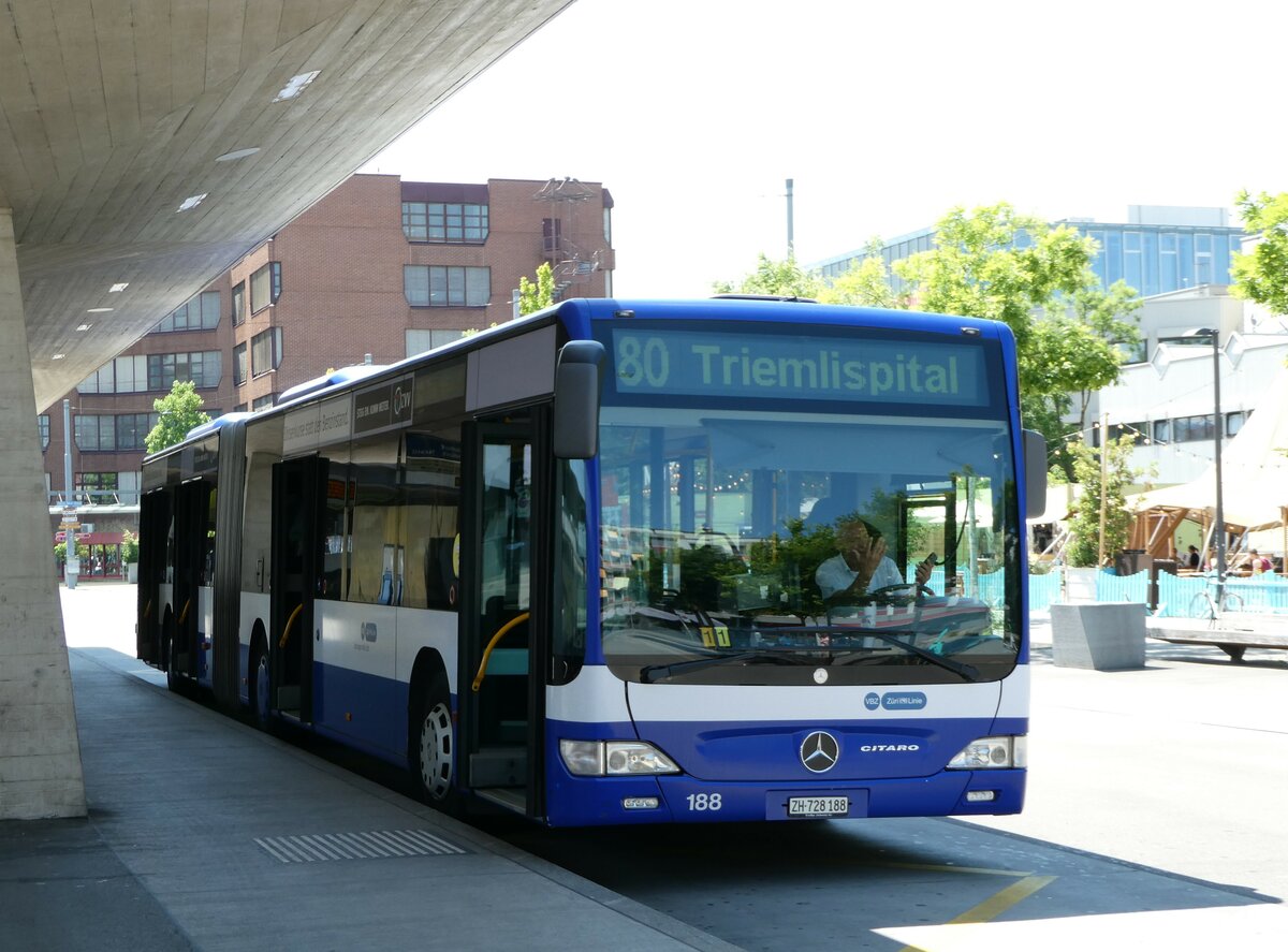 (251'483) - VBZ Zrich - Nr. 188/ZH 728'188 - Mercedes (ex VZO Grningen Nr. 110) am 13. Juni 2023 beim Bahnhof Zrich Oerlikon