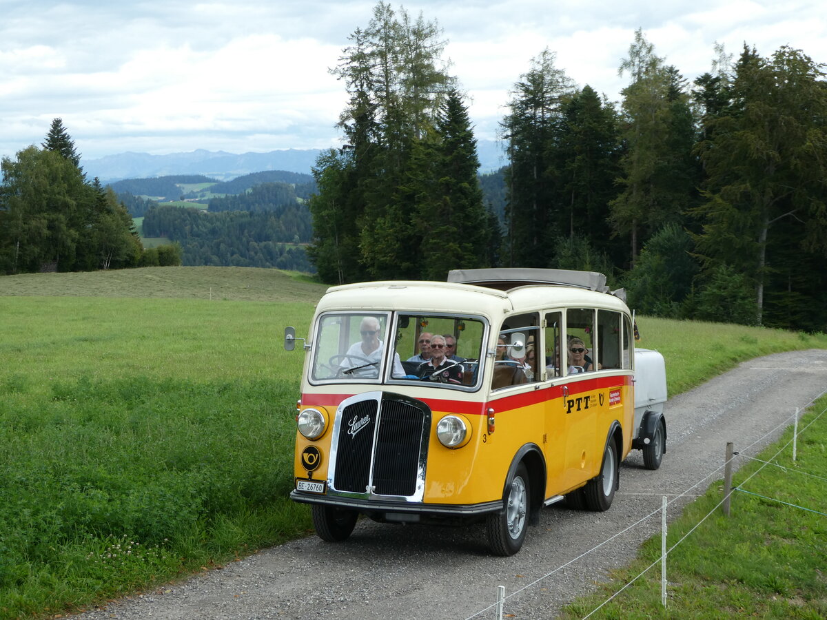 (253'572) - Schmid, Thrishaus - Nr. 3/BE 26'760 - Saurer/Gangloff (ex Geiger, Adelboden Nr. 3) am 9. August 2023 in Bigenthal, Hellweid