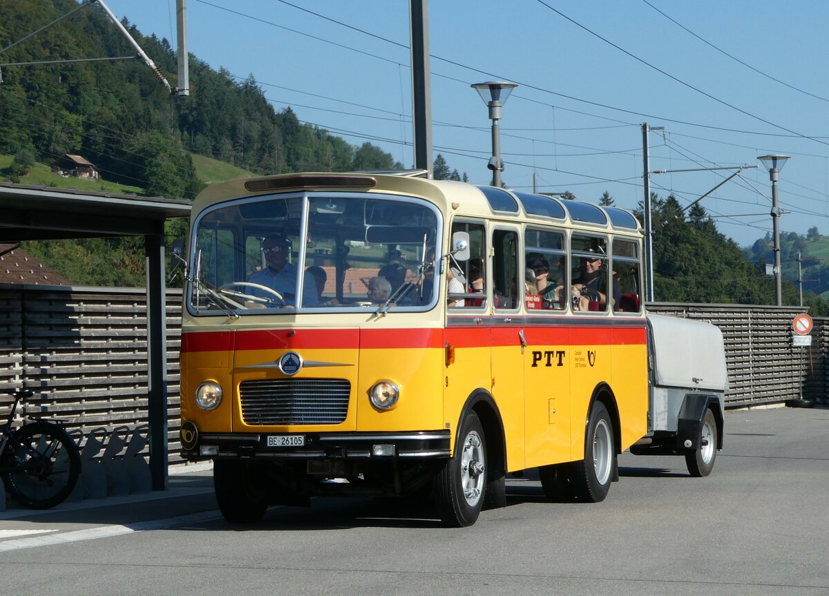 (255'049) - Schmid, Thrishaus - Nr. 9/BE 26'105 - Saurer/R&J (ex Geiger, Adelboden Nr. 9) am 10. September 2023 beim Bahnhof Reichenbach