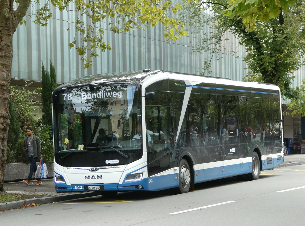 (256'288) - VBZ Zrich - Nr. 643/ZH 965'643 - MAN am 21. Oktober 2023 in Zrich, Lindenplatz