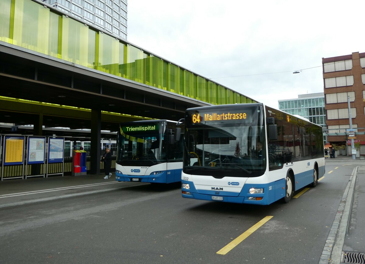 (256'293) - VBZ Zrich - Nr. 332/ZH 491'332 - MAN/Gppel am 21. Oktober 2023 beim Bahnhof Zrich Oerlikon