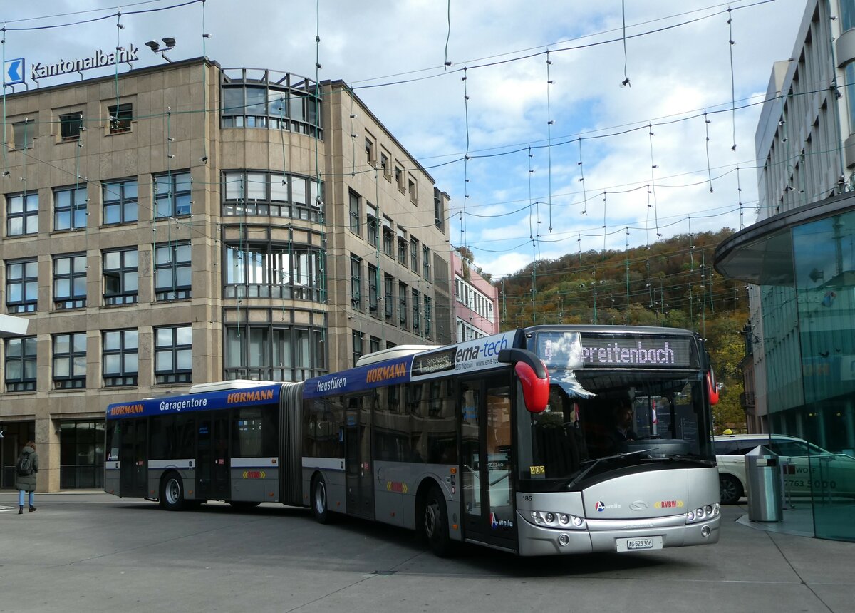 (256'775) - RVBW Wettingen - Nr. 185/AG 523'306 - Solaris (ex AAGR Rothenburg Nr. 3) am 6. November 2023 beim Bahnhof Baden