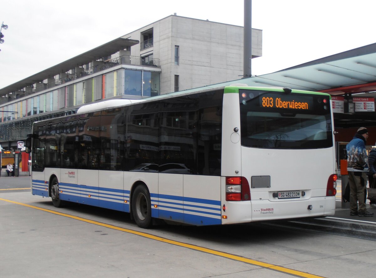 (257'653) - StadtBUS, Frauenfeld - Nr. 914/SG 482'210 - MAN (ex RTB Altsttten Nr. 914; ex PostBus/A BD 15'358) am 15. Dezember 2023 beim Bahnhof Frauenfeld