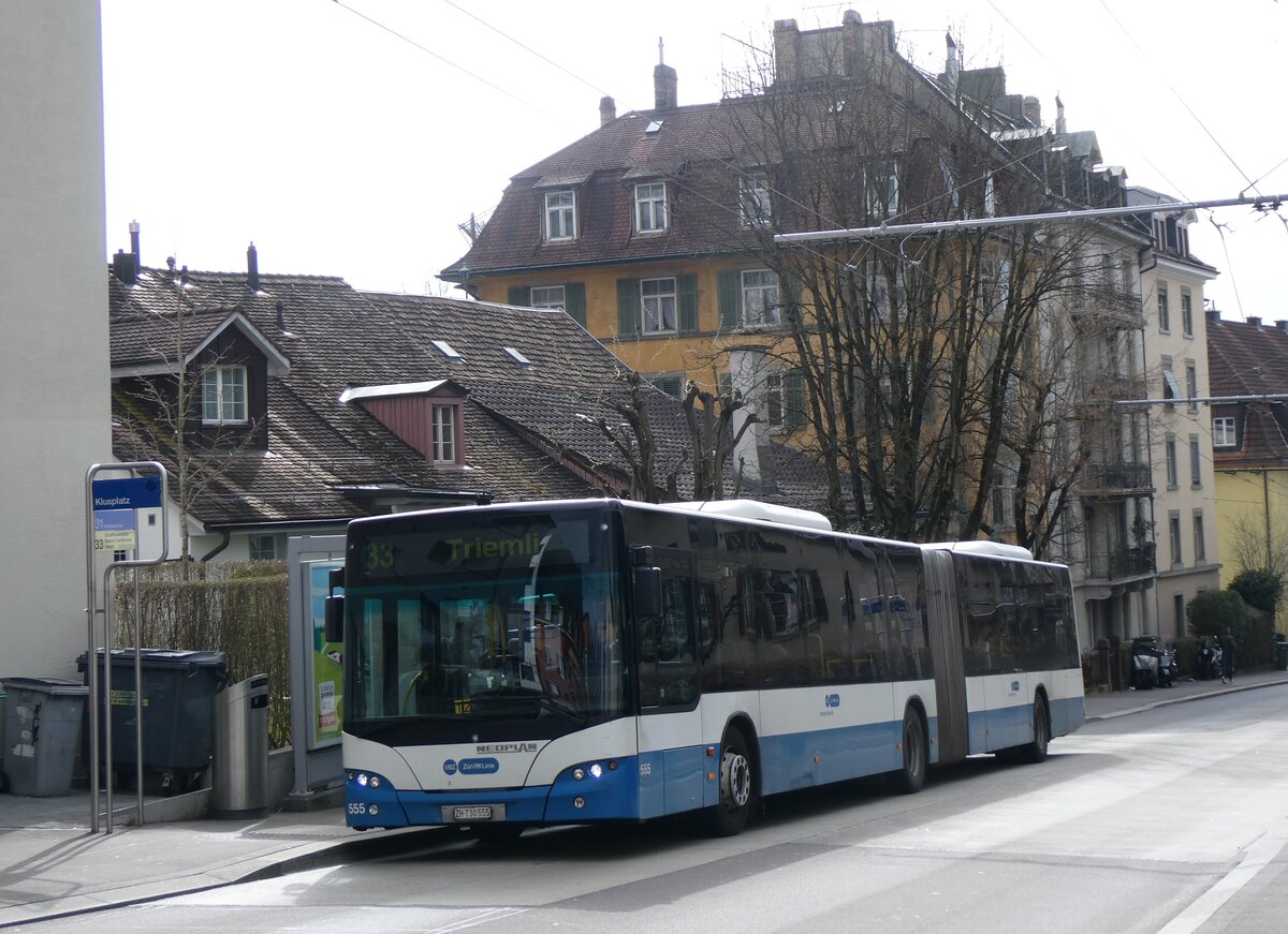 (260'156) - VBZ Zrich - Nr. 555/ZH 730'555 - Neoplan am 4. Mrz 2024 in Zrich, Klusplatz