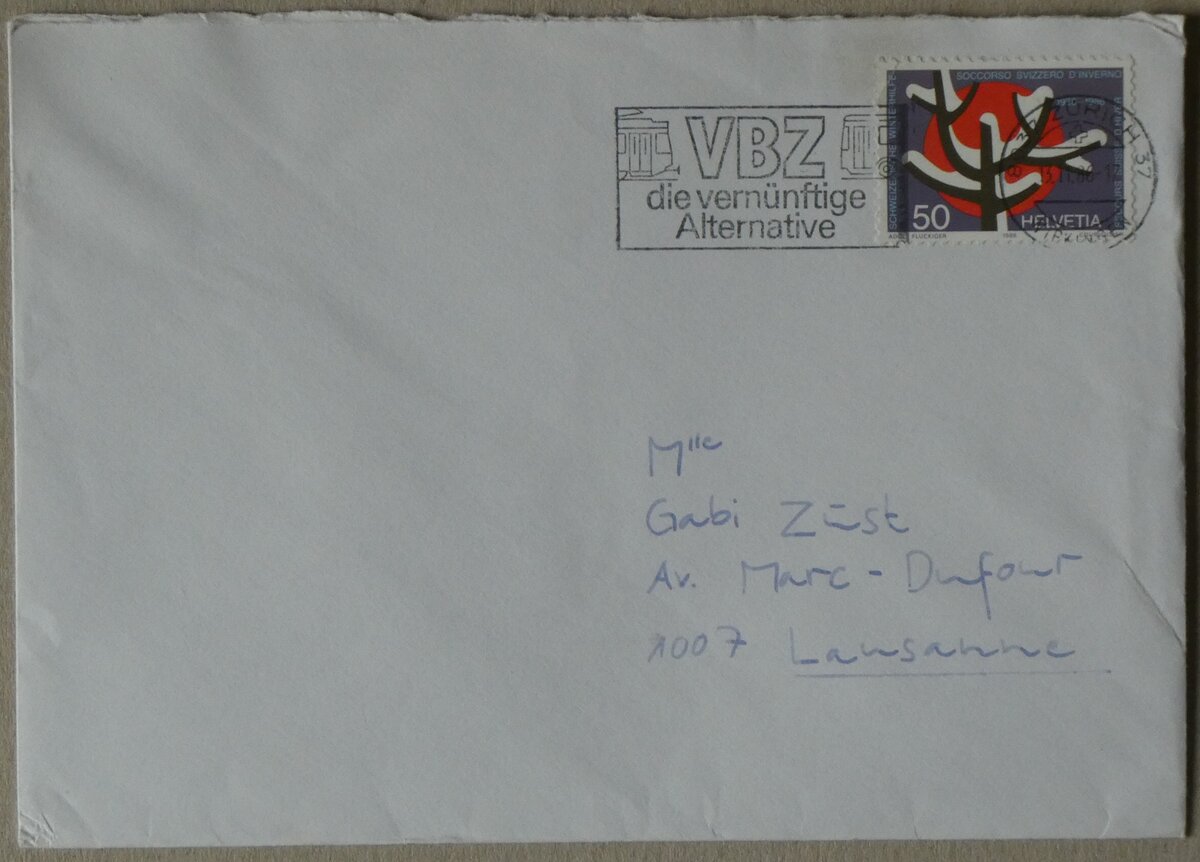 (264'219) - Briefumschlag mit VBZ-Werbestempel vom 13. November 1986 am 30. Juni 2024 in Thun