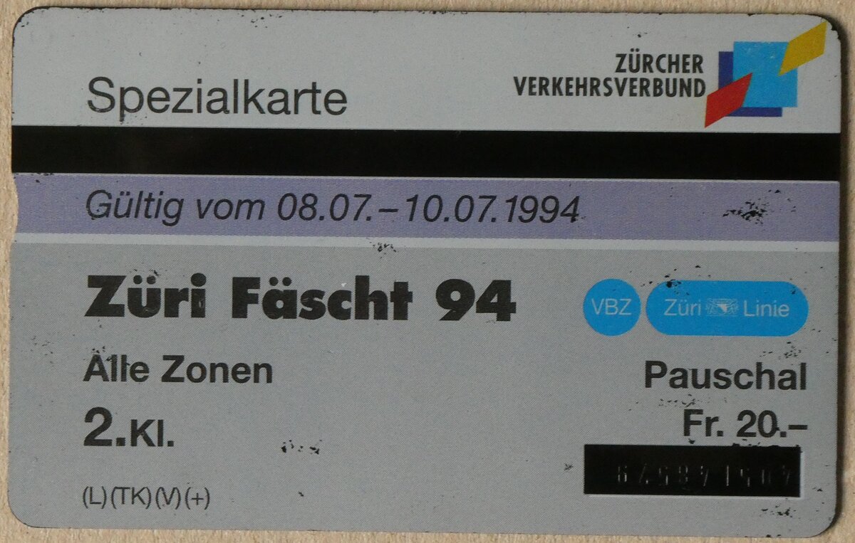 (264'221) - Taxcard - 5.- Zri Fscht 1994 Pauschal Fr. 20.- - am 30. Juni 2024 in Thun (Rckseite)