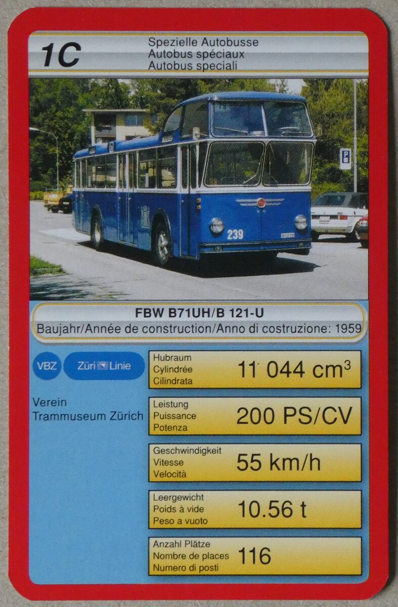 (264'227) - Quartett-Spielkarte mit VBZ FBW B71UH-B 121-U Nr. 239 am 30. Juni 2024 in Thun