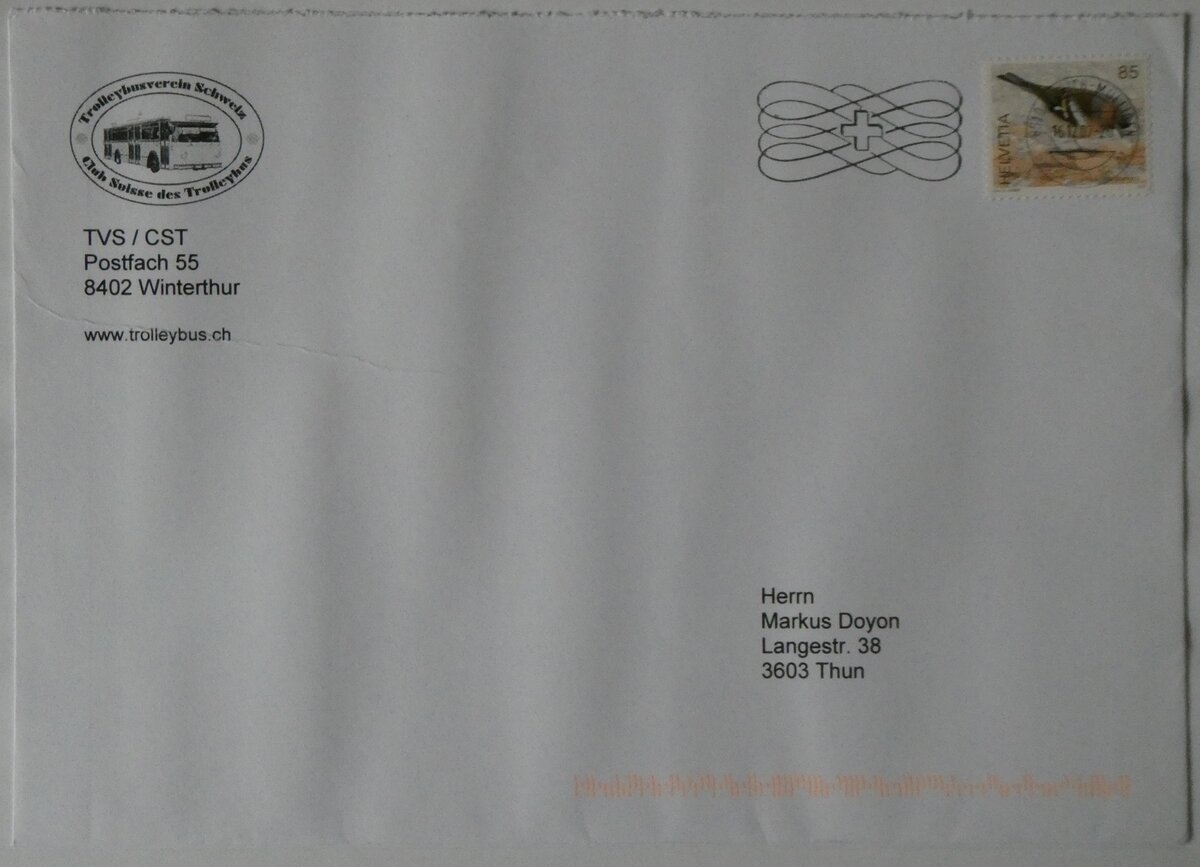 (264'371) - TVS-Briefumschlag vom 16. Dezember 2007 am 7. Juli 2024 in Thun