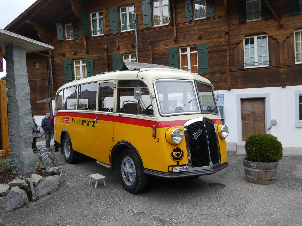 (268'138) - Schmid, Thrishaus - Nr. 3/BE 26'760 - Saurer/Gangloff (ex Geiger, Adelboden Nr. 3) am 12. Oktober 2024 auf der Griesalp