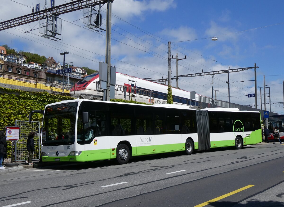 (274'277) - transN, La Chaux-de-Fonds - Nr. 322/NE 112'322 - Mercedes am 26. April 2025 beim Bahnhof Neuchtel