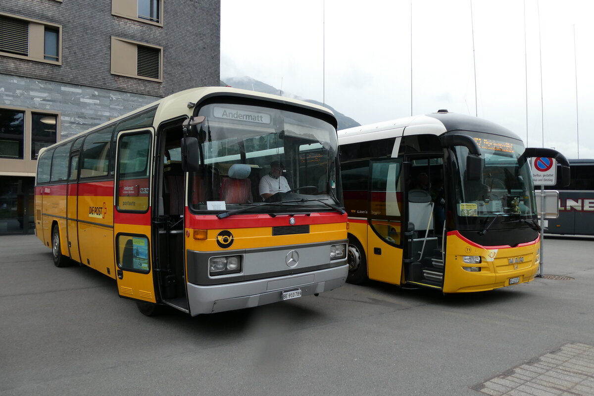 (280'074) - Buzzi, Bern - BE 910'789 - Mercedes (ex Mattli, Wassen/PID 2295) am 8. September 2025 in Andermatt, Bahnhofplatz
