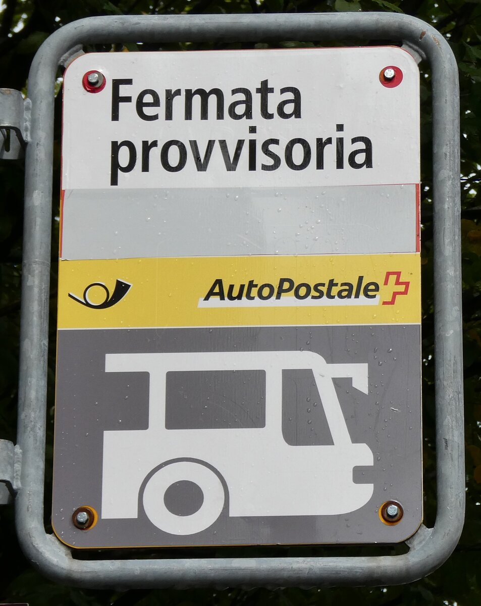 (280'336) - Postuto-Haltestellenschild - Fermata provvisoria - am 13. September 2025 beim Bahnhof Biasca