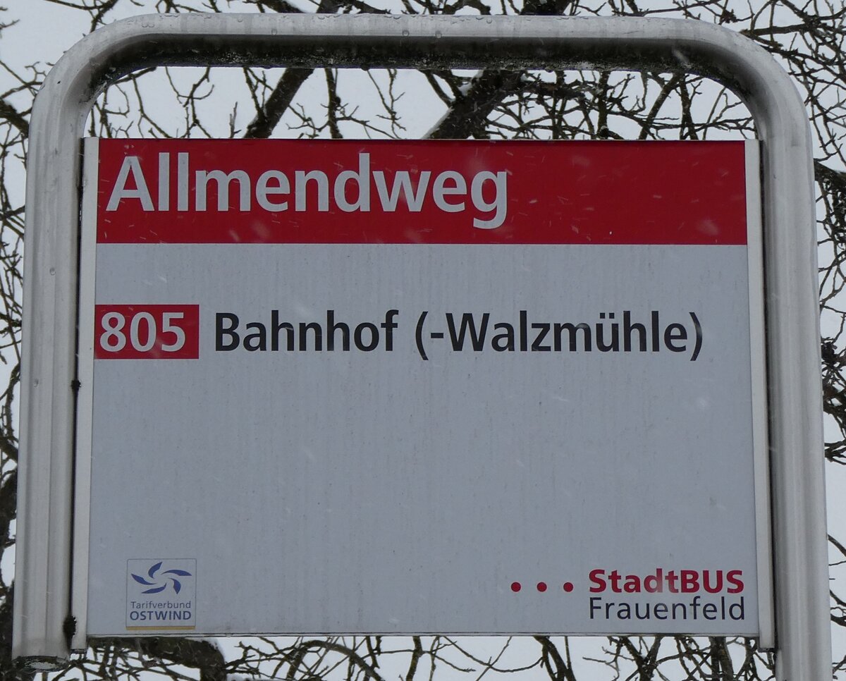 (283'739) - StadtBUS-Haltestellenschild - Frauenfeld, Allmendweg - am 8. Januar 2026