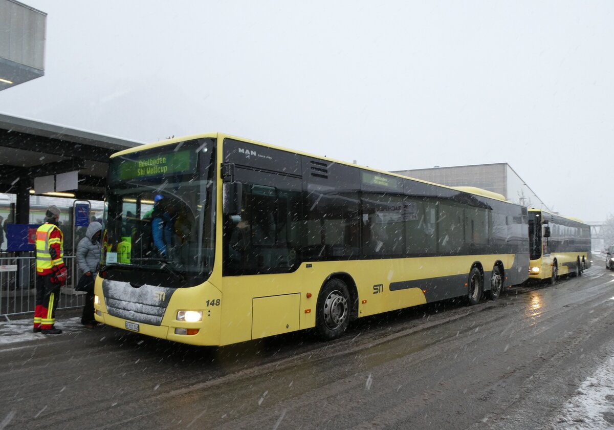 (283'831) - STI Thun - Nr. 148/BE 801'148 - MAN am 10. Januar 2026 beim Bahnhof Frutigen