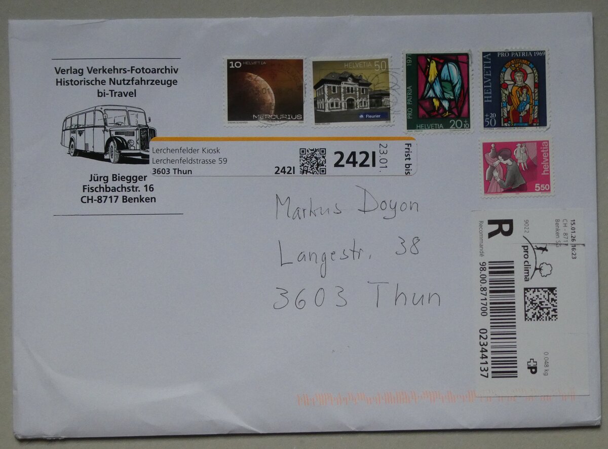 (284'337) - Biegger-Briefumschlag vom 15. Januar 2026 am 25. Januar 2026 in Thun
