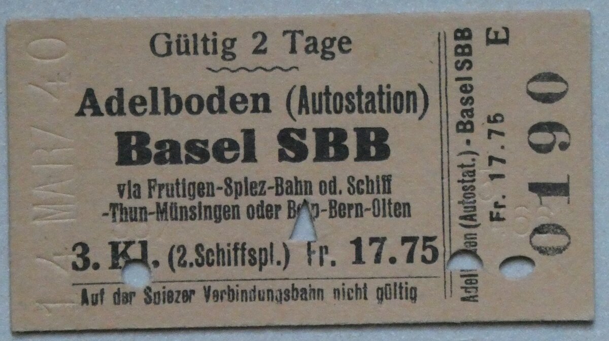 (285'175) - AFA-Einzelbillet vom 14. M�rz 1940 am 2. M�rz 2026 in Thun