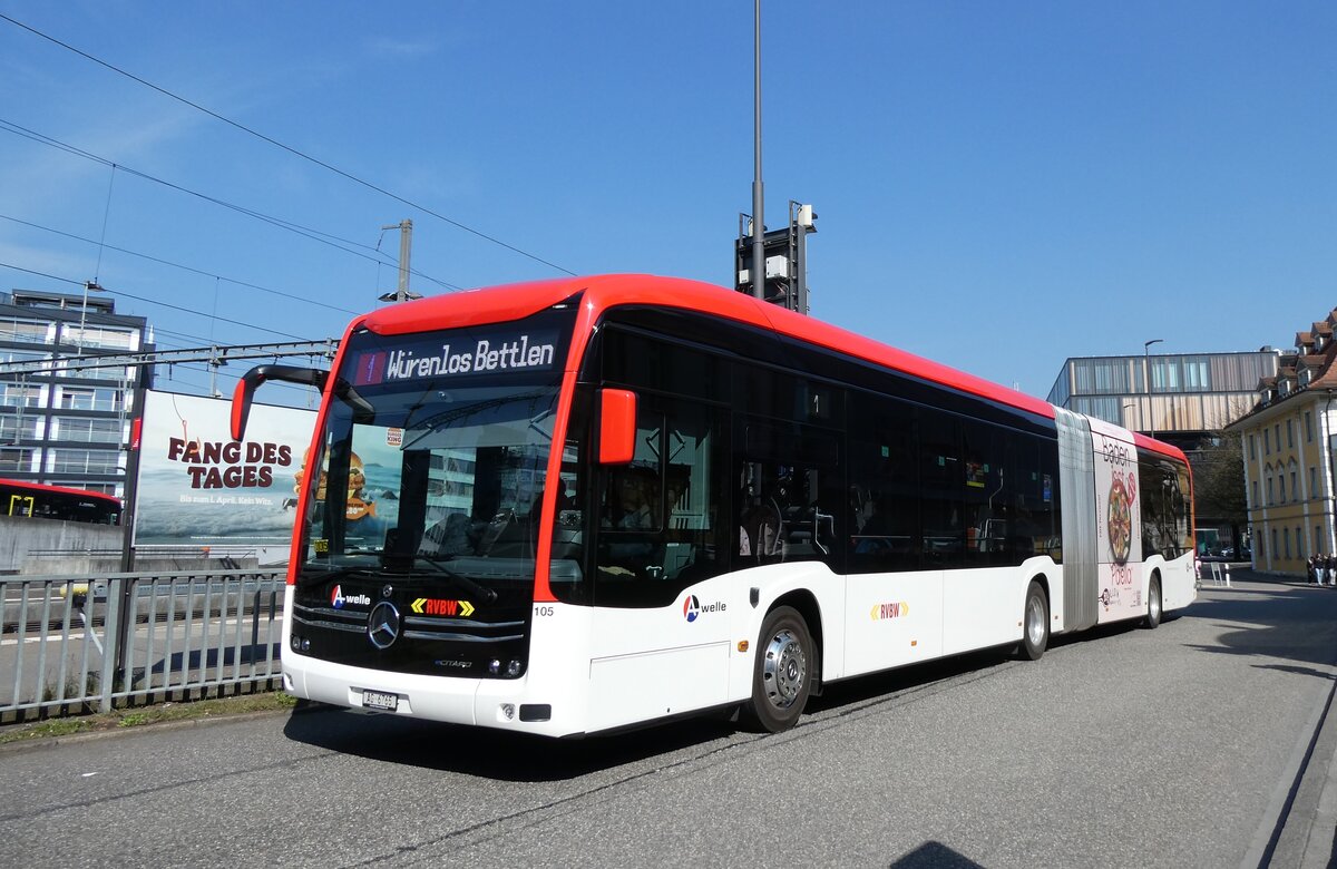 (285'517) - RVBW Wettingen - Nr. 105/AG 6765 - eMercedes am 19. M�rz 2026 beim Bahnhof Baden