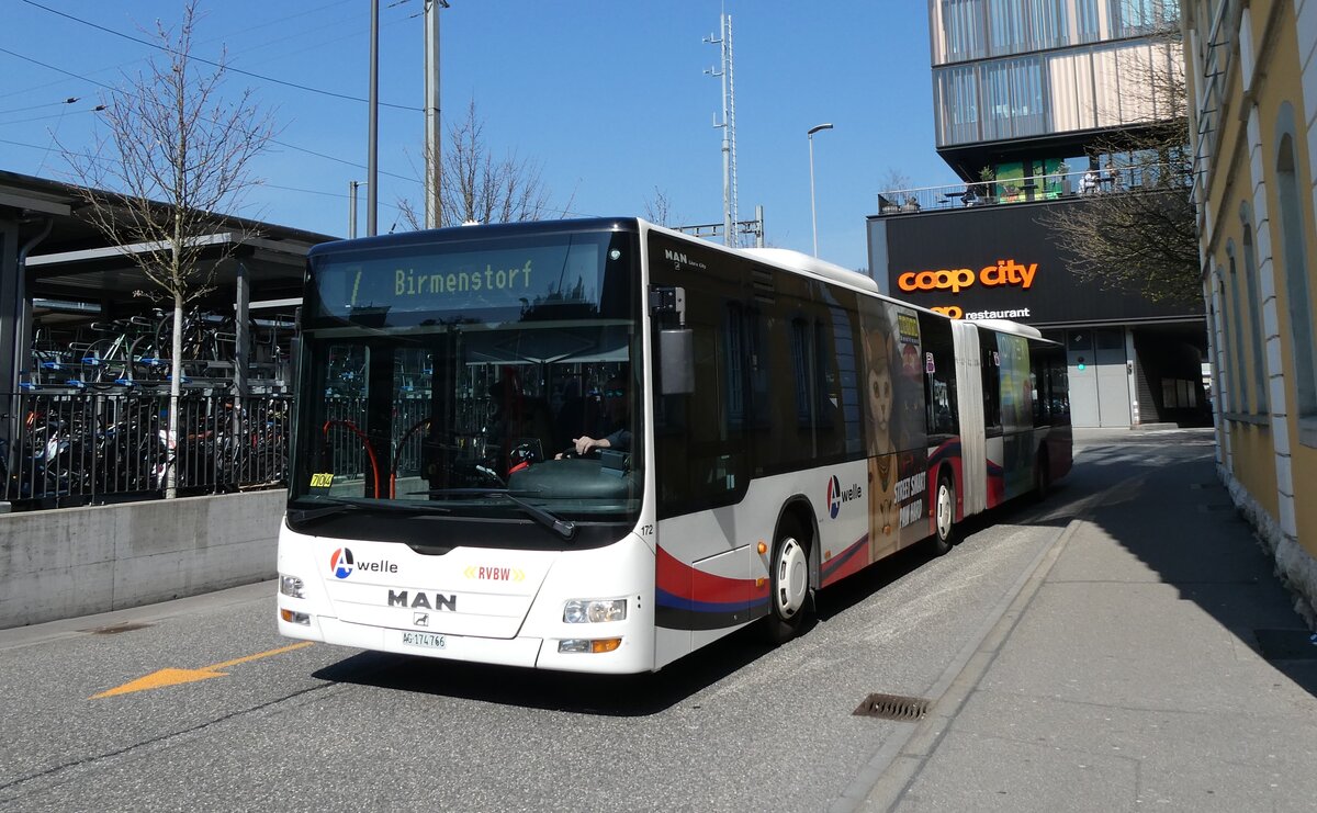 (285'564) - RVBW Wettingen - Nr. 172/AG 174'766 - MAN (ex SBC Chur Nr. 98) am 19. M�rz 2026 beim Bahnhof Baden