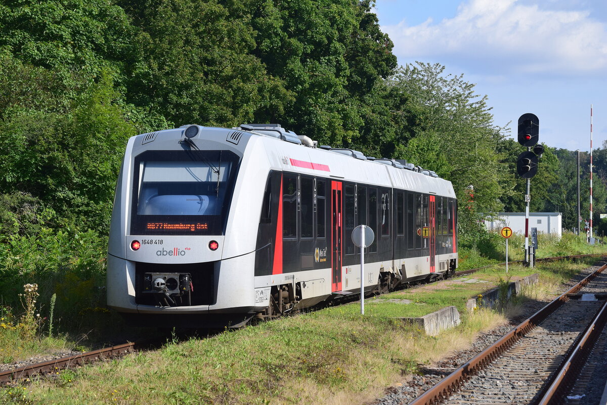 abellio 1648 418 als RB 80553 von Wangen (U) nach Naumburg (S) Ost, am 16.08.2021 im Bahnhof Nebra. (Foto: Dennis Fiedler)