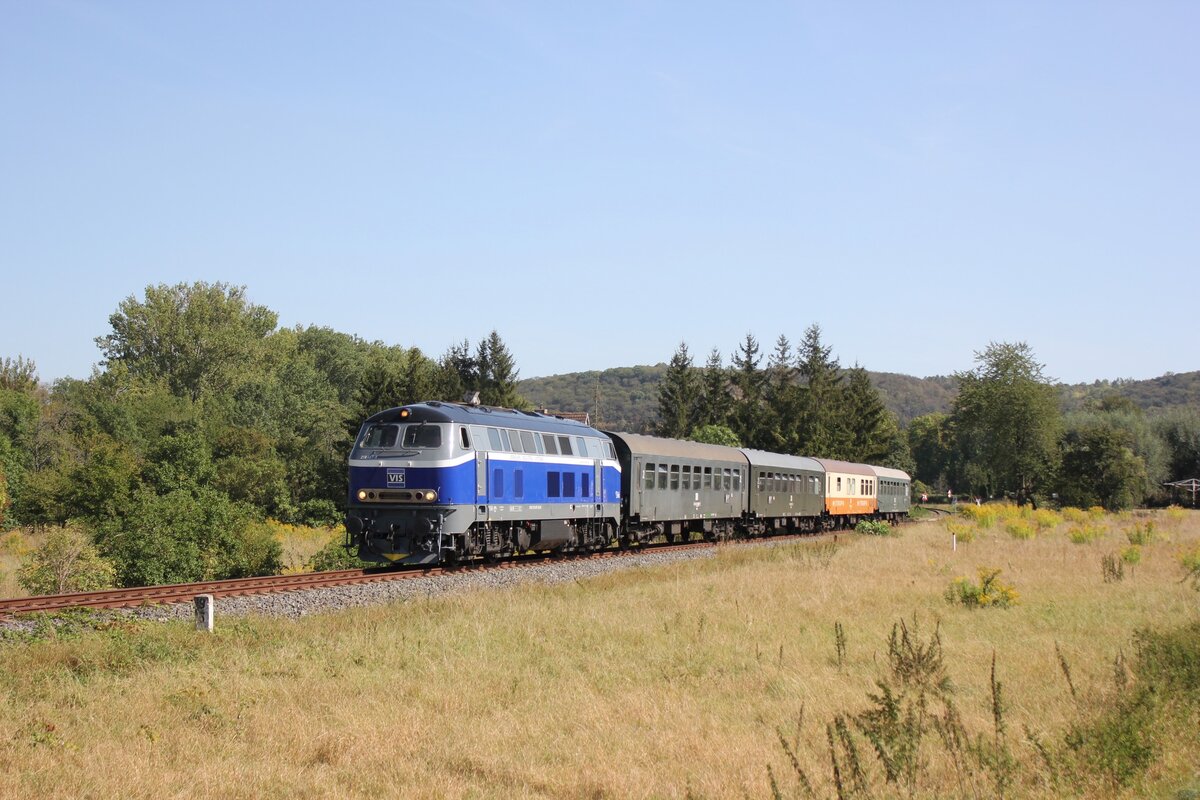 Am  07.09.2024 bespannte die 218 467-9  Dirk  der VIS (Verkehrs Industrie Systeme Gmbh Halberstadt) den Sonderzug DPE 90000 der Eisenbahnfreunde Traditionsbahnbetriebswerk Staßfurt e.V. von Staßfurt zum Winzerfest nach Freyburg. Hier ist der Leerzug auf der Unstrutbahn in Balgstädt unterwegs in die Abstellung nach Karsdorf. (Foto: Wolfgang Krolop)