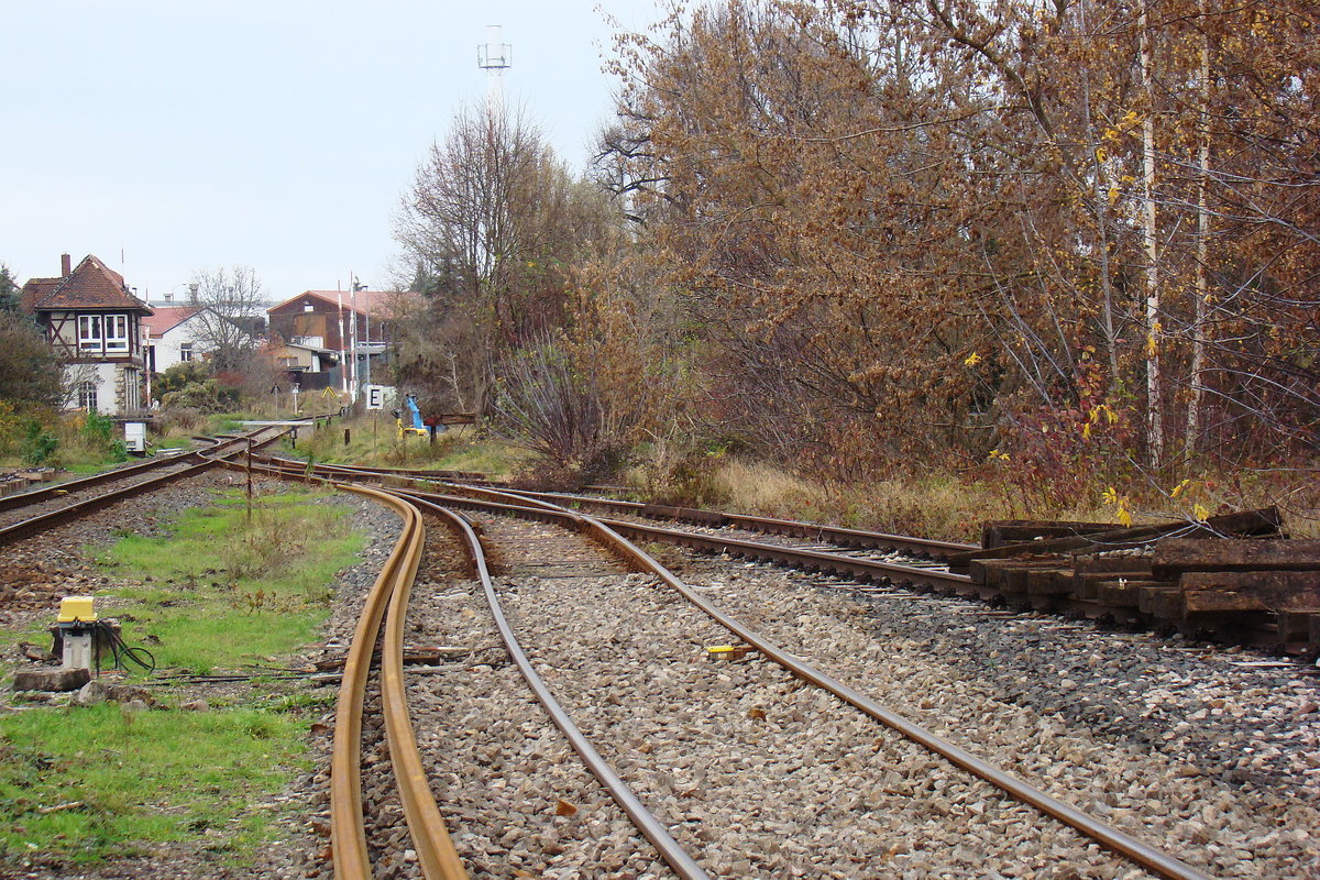 Am 12.11.2015 fanden die Vorbereitungsarbeiten zum Ausbau der Verbindungsweiche zum ehem. Gleis 5 in Laucha statt. (Foto: Günther Göbel)