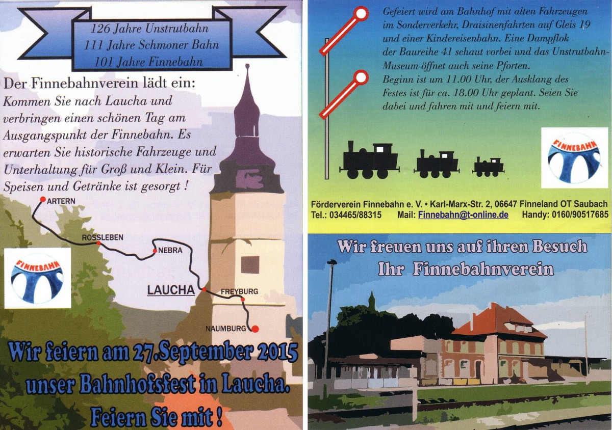 Am 27.09.2015 feiert der Finnebahnverein ein Bahnhofsfest in Laucha.