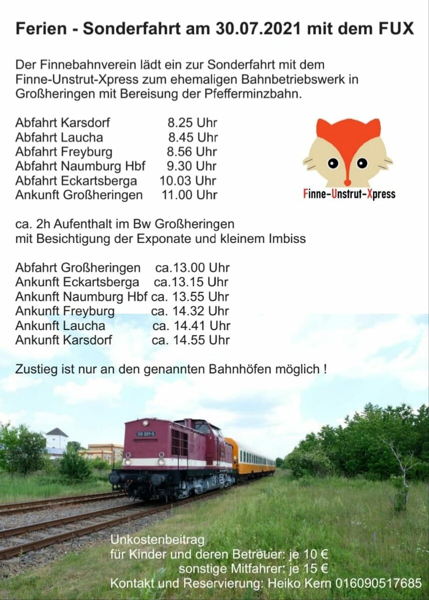 Am 30.07.2021 organisierte der Finnebahnverein ein Sonderfahrt mit der EBS 110 001-5 und 2 Städteexpresswagen der EBS von Karsdorf über Eckartsberga nach Großheringen. Vorwiegend Ferienkinder nutzen das tolle Angebot und besuchten die Eisenbahnfreunde Großheringen.