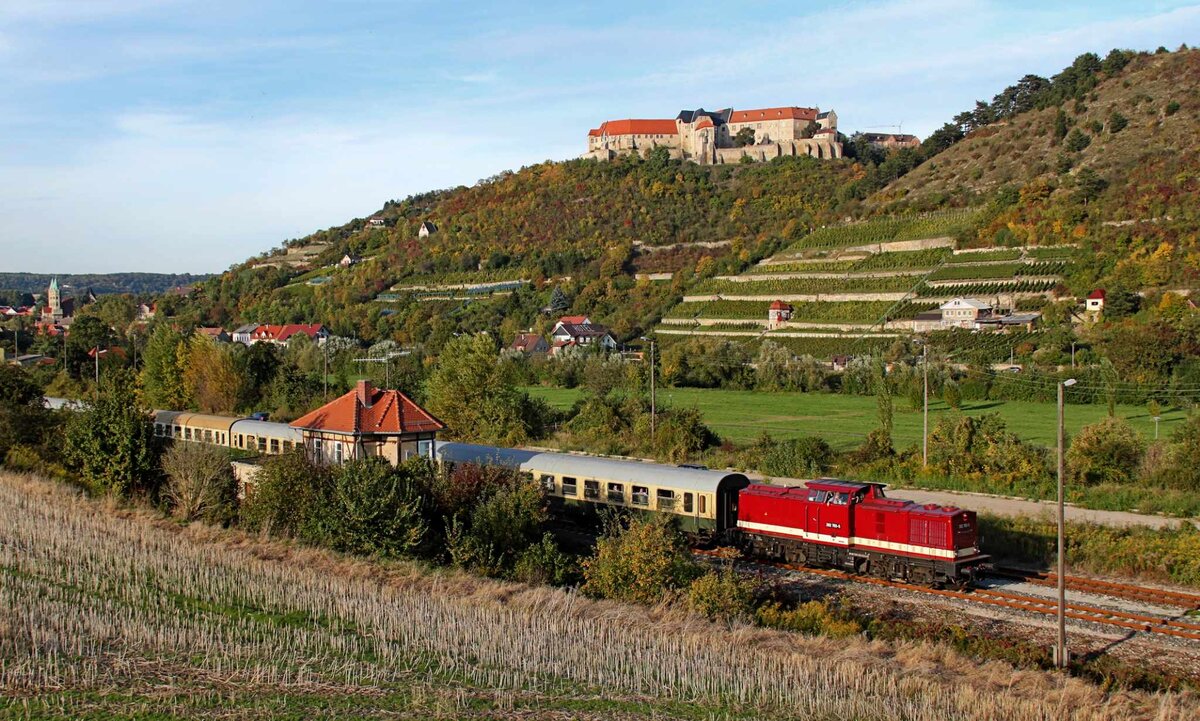 Am Abend des 03.10.2010 verlässt die LEG 202 703-5 mit dem RE 16584  Rotkäppchen-Express  den Bahnhof Freyburg (Unstrut), um die Besucher zurück nach Altenburg zubringen. (Foto: André Töpfer)