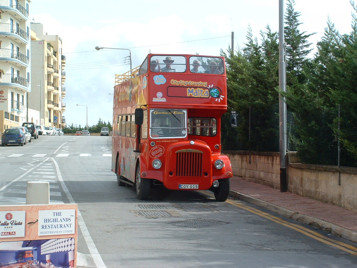 COY 015
1968 Daimler CVG6
Roe H33/26R (when new)
New to Northampton Corporation, carrying registration JVV 266G. fleet number 266.

Photographed outside the Bella Vista Hotel, Qwara, Malta on 9th October 2010.