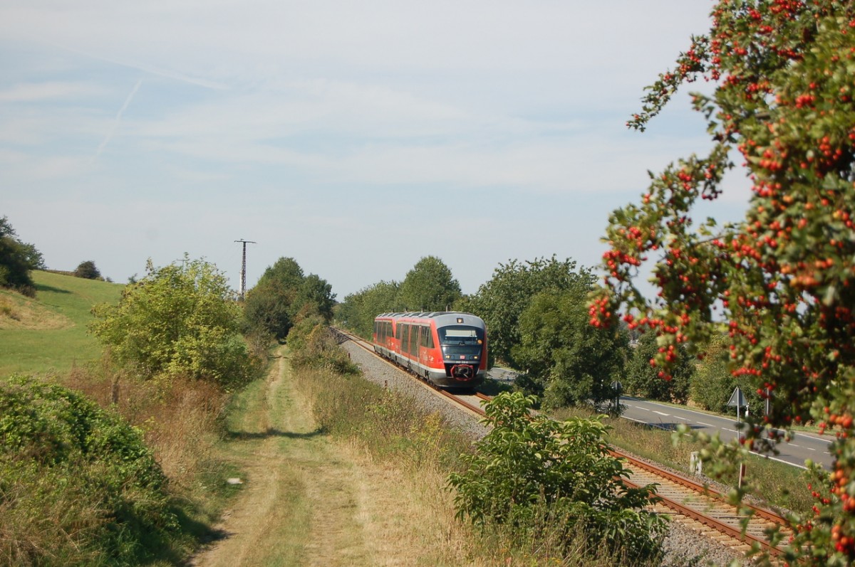 DB 642 219-9 + 642 227 als RB 34877 von Nebra nach Naumburg Ost, am 07.09.2013 am  Hohn  zwischen Laucha und Balgstädt. (Foto: dampflok015)