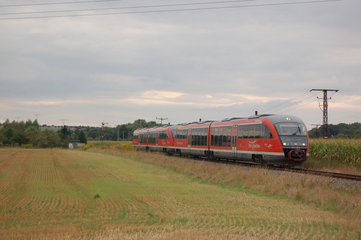 DB 642 219-9 + 642 227 als RB 34885 von Nebra nach Naumburg Ost, am 08.09.2013 bei Reinsdorf (b Nebra). (Foto: dampflok015)