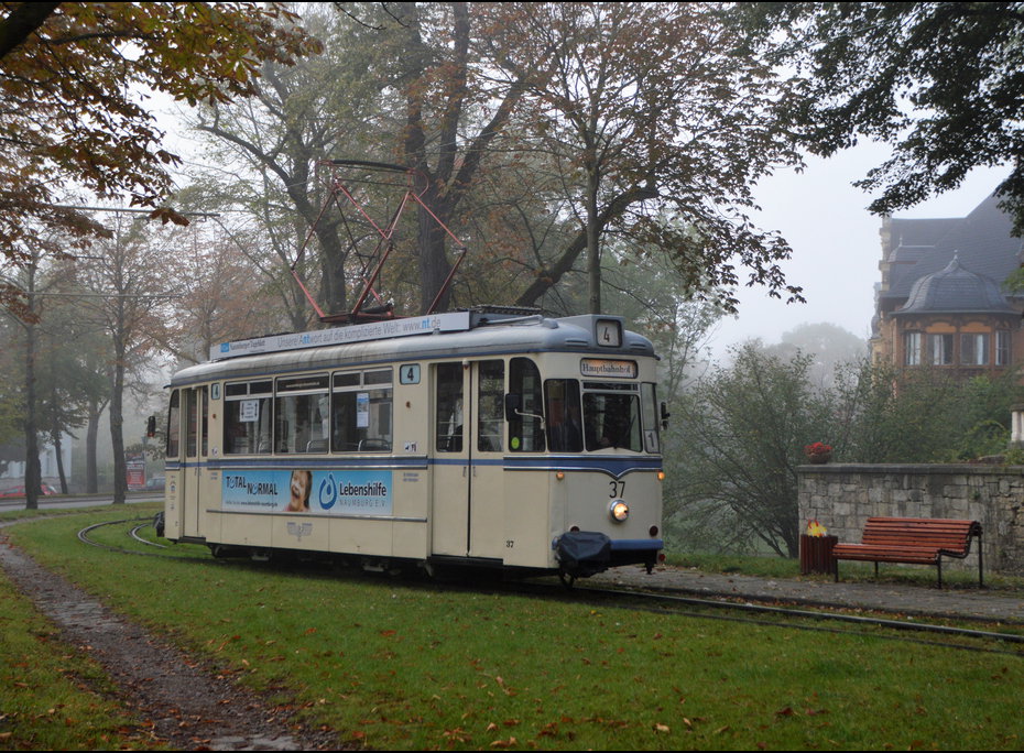 Der Herbst kommt...
Tw 37 der Naumburger Straßenbahn GmbH, im Linendienst vom Salztor zum Hbf,
erreicht gleich die Hst. Marientor, am 01.10.2020.