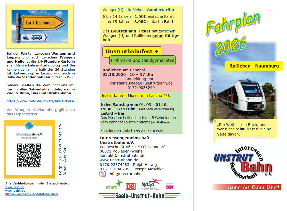 Der IG Unstrutbahn Info- & Fahrplanflyer für das Jahr 2026.