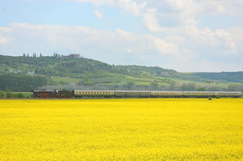 Die 41 1144-9 der IGE Werrabahn-Eisenach mit dem Leerpark des  Rotkppchen-Express I  auf der Fahrt von Freyburg in die Abstellung nach Karsdorf, am 21.05.2017 vor Kirchscheidungen. (Foto: dampflok015)