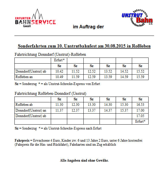 Die Fahrzeiten der Sonderzüge während dem 10. Unstrutbahnfest am 30.08.2015 in Roßleben.