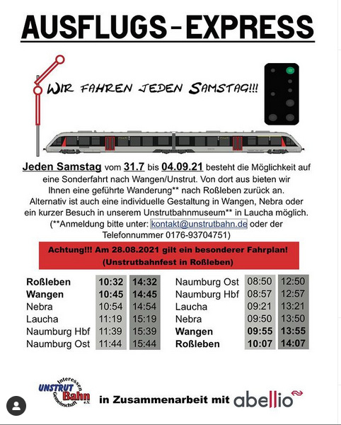 Die IG Unstrutbahn e.V. hat in der Zeit vom 31.07.2021 bis 04.09.2021 jeden Samstag ausgewählte Sonderzüge über Wangen (Unstrut) hinaus nach Roßleben in Thüringen bestellt. www.unstrutbahn.de